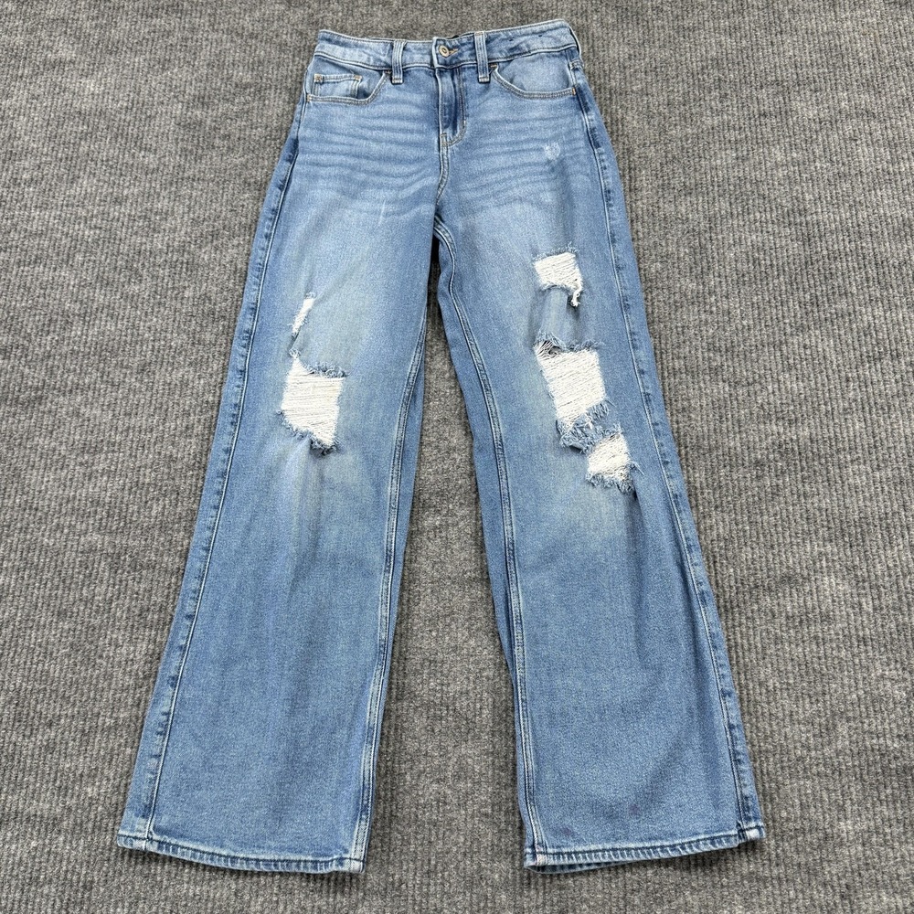 Hollister High-Rise Vintage Baggy Wide-Leg Jeans Juniors 25x31 Blue‎ Distressed